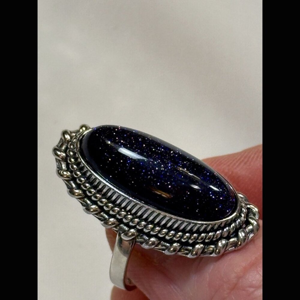 90s OOAK Oval Blue Goldstone Sterling Silver Ring Boho Grunge Good Luck 8 - Picture 2 of 7